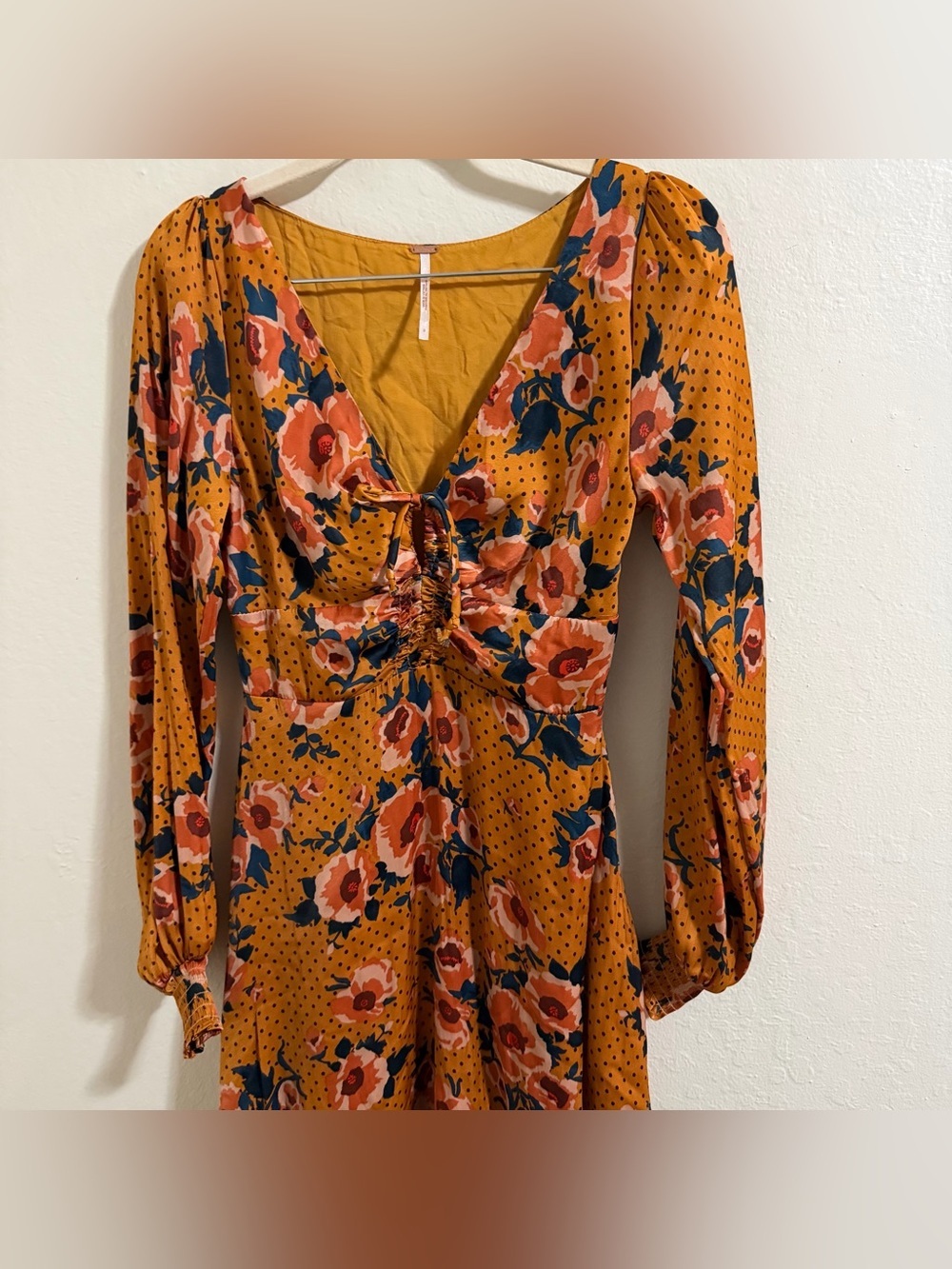 Free People Morning Light Mini Dress | Floral Polka Dot Satin size 0 flowy boho - Picture 6 of 10